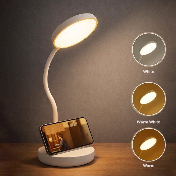 IDOLESHOP Rechargeable Study Lamp with 3 Color Modes, Brightness Control, Gooseneck Design, Phone Stand, ABS Body Desk Lamp