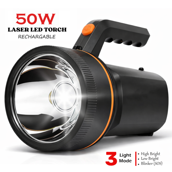 IDOLESHOP 50W Rechargeable LED Torch Light | Long Range Flashlight with Handle | 2000mAh Battery | Multiple Lighting Modes | ABS Plastic Body