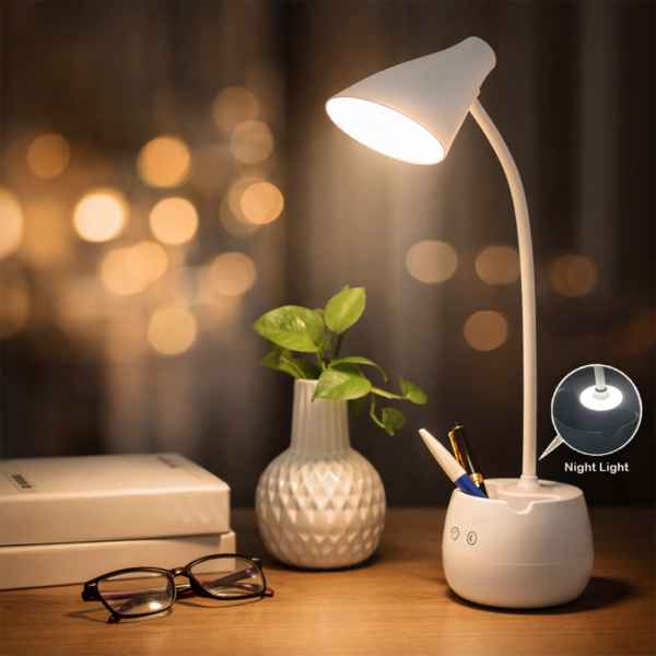 IDOLESHOP Rechargeable Desk Lamp with 3 Shade Touch Control, Mobile Holder, Night Light, 2000mAh Battery & Type-C Charging
