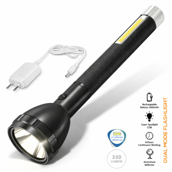 IDOLESHOP 100W Rechargeable Torch with 30W Emergency Light | Dual Mode LED | Long Distance Beam | 2×1200mAh Battery