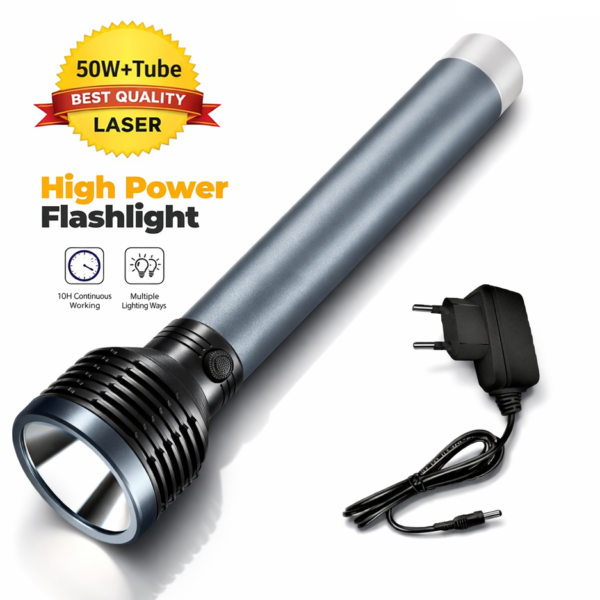 IDOLESHOP 50W Rechargeable LED Torch Light with Back Light | Aluminium Body | USB Charging | IPX6 Waterproof | Long Range Flashlight for Home, Outdoor & Emergency (24 cm, Silver)