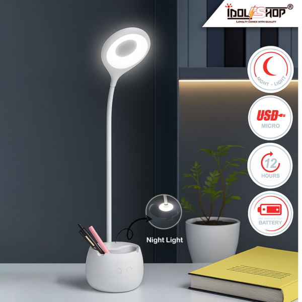 IDOLESHOP Flexible Rechargeable Desk Lamp with 3 Shade Touch Control, Mobile Holder, Night Light, 2000mAh Battery & Type-C Charging