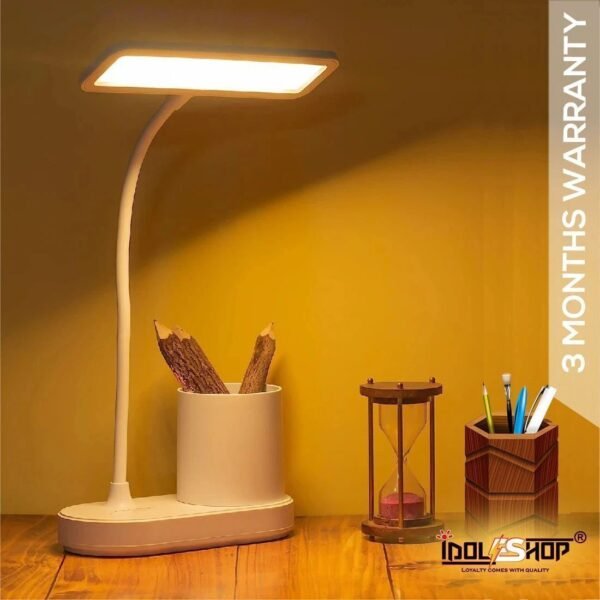 Idoleshop Multi-Functional LED Desk Lamp with Pen Holder – 3 Color Modes, USB Rechargeable, Eye-Care Study Lamp (35 cm, White)