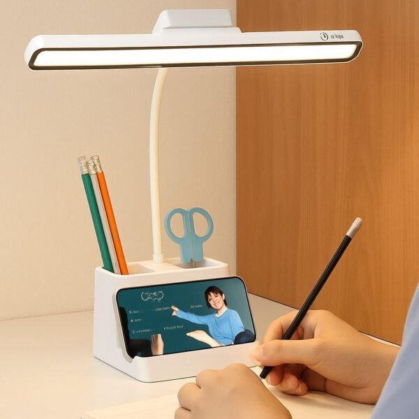 IDOLESHOP USB Rechargeable 3 Mode Touch Dimmable LED Study Lamp with Flexible Gooseneck, Pen Holder & Mobile Stand (35 cm, White)