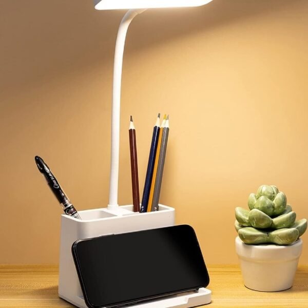 IDOLESHOP 3 Color LED Rechargeable Study Lamp with Phone Holder & Pen Stand – Touch Control, Eye Protection Desk Lamp (36 cm, White)