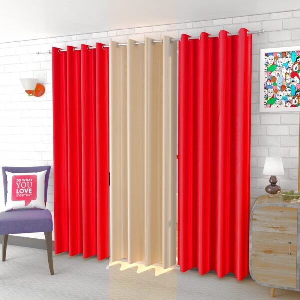 IDOLESHOP 213.5 cm (7 ft) Door Polyester Room Darkening Curtains | Pack of 3 (Red & Beige, Solid Plain Design) | Premium Eyelet Curtains for Living Room, Bedroom & Office | Light Blocking, Stylish & Durable Drapes
