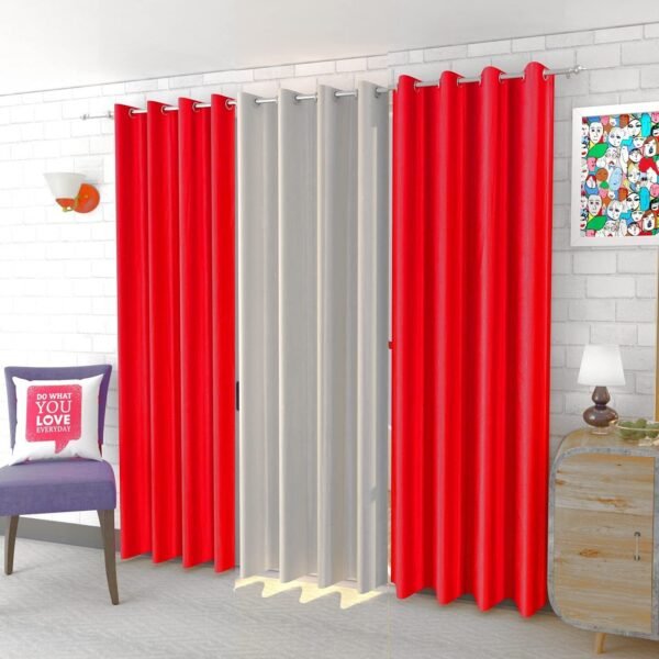IDOLESHOP Premium 7 Ft Door Polyester Room Darkening Curtains (Pack of 3) – Stylish Red & White Solid Combination | Luxury Heavy Fabric Drapes | Modern Home Décor | Eyelet Ring Design
