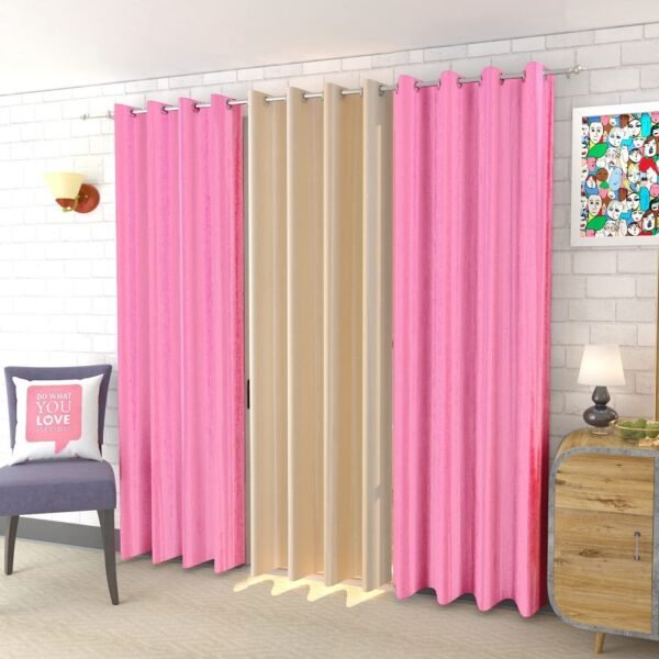 IDOLESHOP 9 ft Long Door Polyester Room Darkening Curtains | Baby Pink & Beige Plain Curtains | Premium Eyelet Design Drapes | Elegant Home Décor | Pack of 3