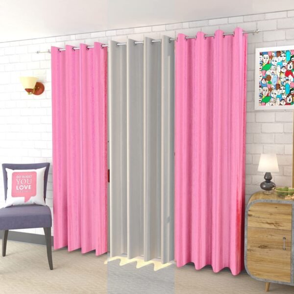 IDOLESHOP 213.5 cm (7 ft) Long Door Polyester Room Darkening Curtain (Pack of 3) (Baby Pink & White, Plain)