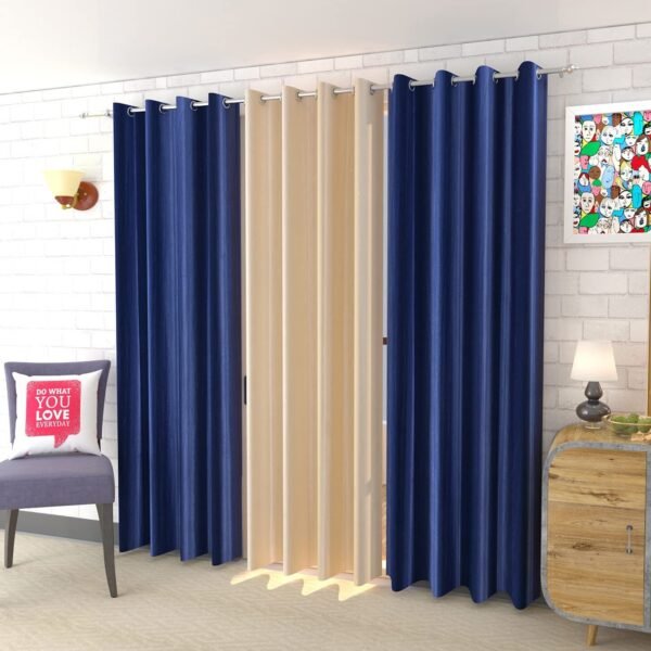 IDOLESHOP 274.5 cm (9 ft) Long Door Polyester Room Darkening Curtain Pack of 3 (Navy Blue & Beige, Plain) | Premium Elegant Curtains for Living Room & Bedroom