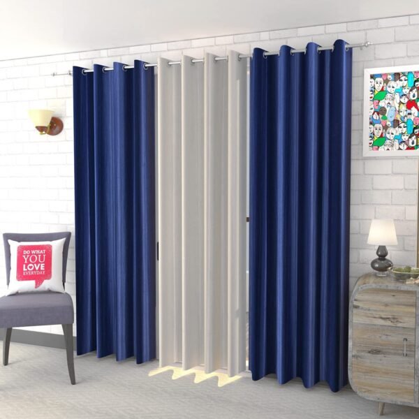 IDOLESHOP 213.5 cm (7 ft) Door Polyester Room Darkening Curtain (Pack of 3) (Dark Blue & White, Plain, Elegant Privacy Curtains for Living Room & Bedroom)