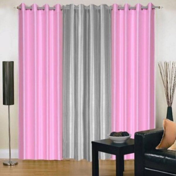 IDOLESHOP 213.5 cm (7 ft) Door Polyester Blackout Curtain (Pack of 3) – Silver & Pink Solid Premium Curtains for Living Room & Bedroom