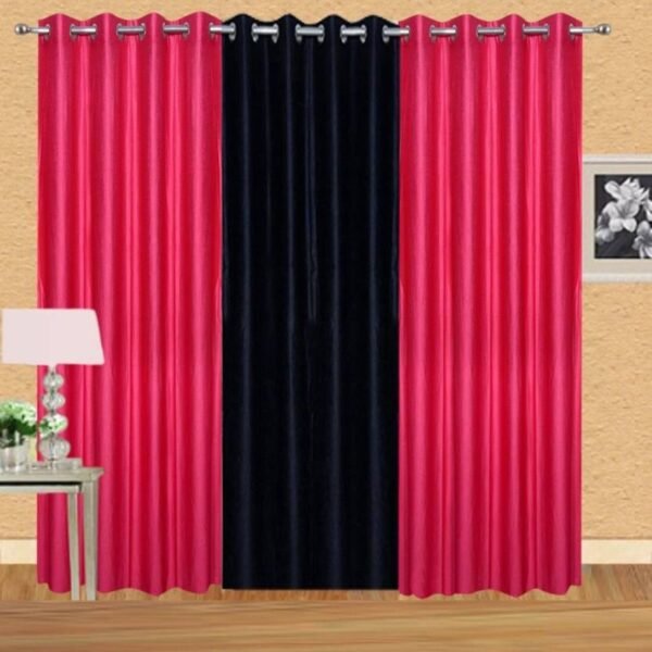 IDOLESHOP 9 ft Long Door Polyester Curtains (Pack of 3, Pink & Black, Solid Design)
