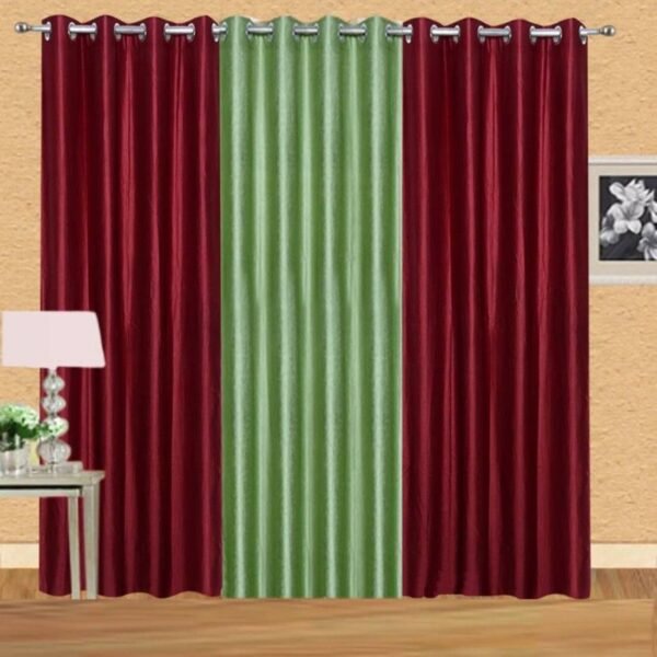 IDOLESHOP 9 ft Long Door Polyester Curtains (Pack of 3, Green & Maroon, Solid Design)