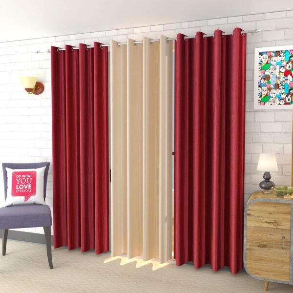 IDOLESHOP 9 ft Long Door Polyester Room Darkening Curtains (Pack of 3, Maroon & Beige, Plain Design)