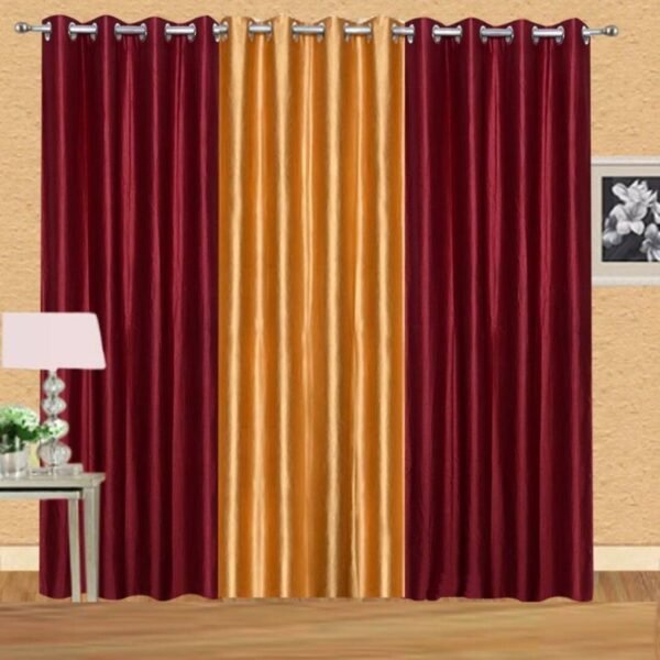 IDOLESHOP 9 ft Long Door Polyester Semi-Transparent Curtains (Pack of 3, Gold & Maroon, Solid Design)