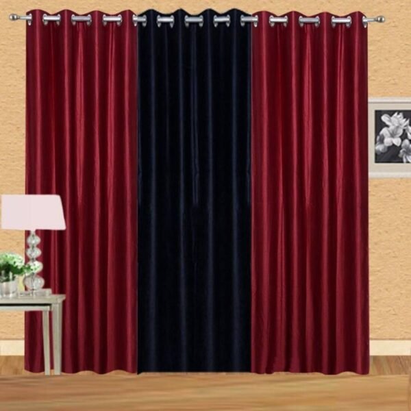 IDOLESHOP 9 ft Long Door Polyester Blackout Curtains (Pack of 3, Maroon & Black, Solid Design)