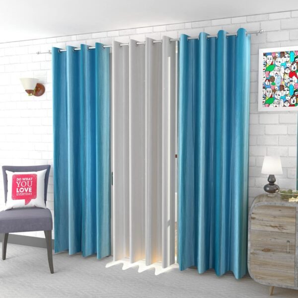 IDOLESHOP 7 ft Door Polyester Room Darkening Curtains (Pack of 3, Light Blue & White, Plain Design)