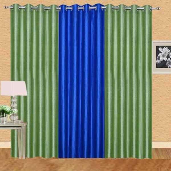 IDOLESHOP 9 ft Long Door Polyester Blackout Curtains (Pack of 3, Green & Blue, Solid Design)