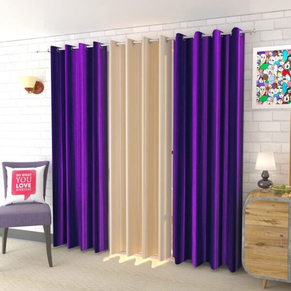 IDOLESHOP 7 ft Door Polyester Room Darkening Curtains (Pack of 3, Purple & Beige, Plain Design)