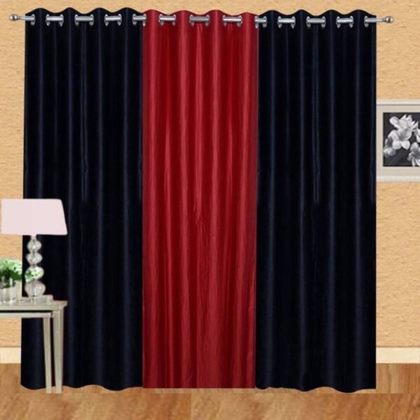 IDOLESHOP 9 ft Long Door Polyester Blackout Curtains (Pack of 3, Red & Black, Solid Design)