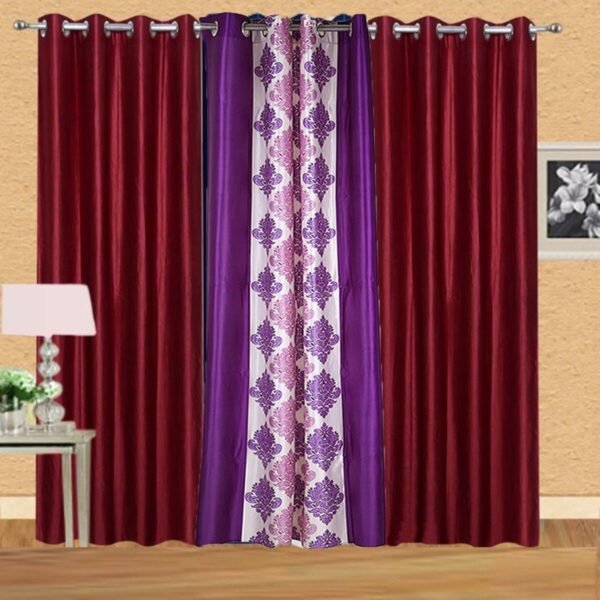 IDOLESHOP 7 ft Door Polyester Room Darkening Curtains (Pack of 3, Maroon & Multicolor, Designer Pattern)