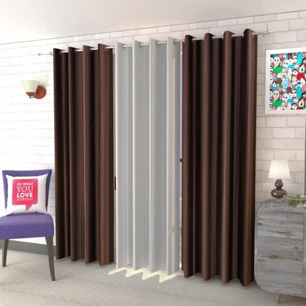 IDOLESHOP 7 ft Door Polyester Room Darkening Curtains (Pack of 3, Brown & White, Plain)