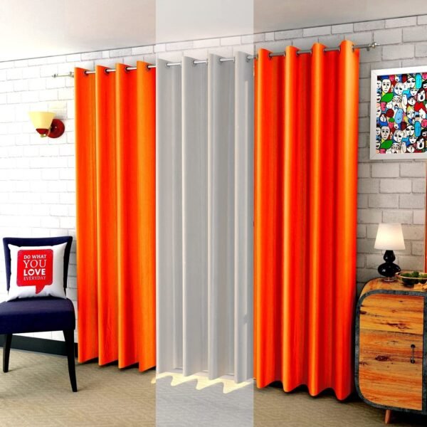 IDOLESHOP 9 ft Long Door Polyester Room Darkening Curtains (Pack of 3, Orange & White, Plain)