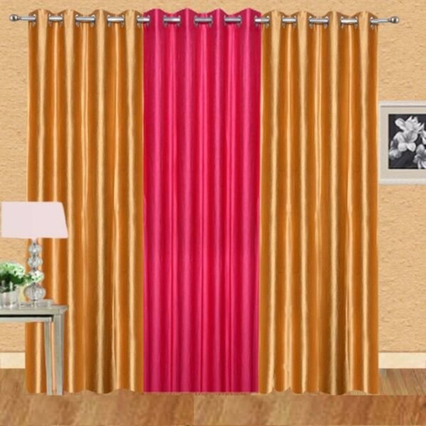 IDOLESHOP 9 ft Long Door Polyester Blackout Curtains – Gold & Pink Solid, Pack of 3, Premium Light Blocking Eyelet Curtains