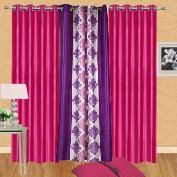 IDOLESHOP 214 cm (7 ft) Door Polyester Room Darkening Curtain (Pack of 3) (Multicolor, Pink, Solid & Printed)