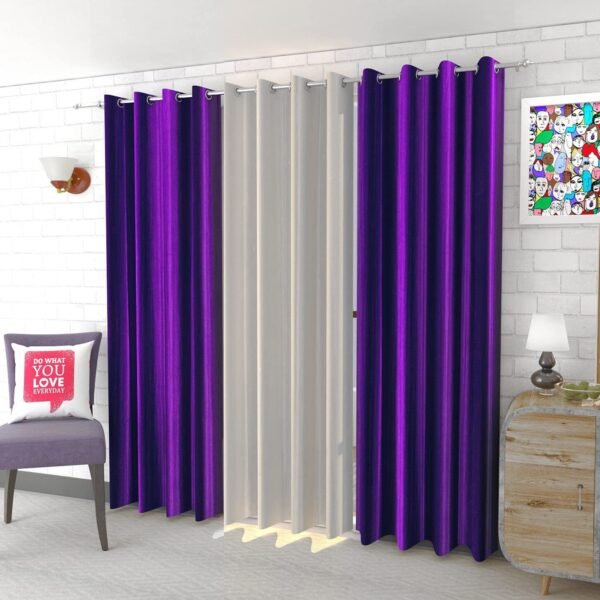 IDOLESHOP 274.5 cm (9 ft) Long Door Polyester Room Darkening Curtain (Pack of 3) (Purple & White, Plain)