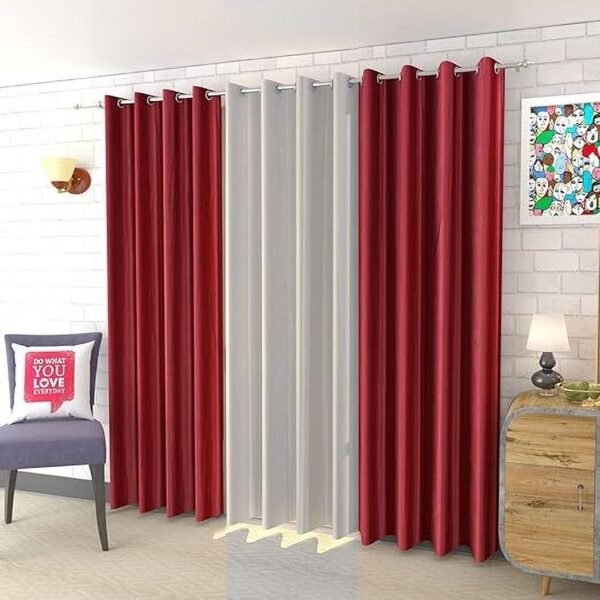 IDOLESHOP 213.5 cm (7 ft) Door Polyester Room Darkening Curtain (Pack of 3) (Maroon & White, Plain)