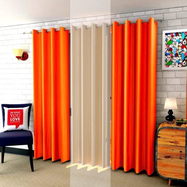 IDOLESHOP 7 ft Door Polyester Room Darkening Curtain (Pack of 3) – Orange & Beige Plain Premium Curtains