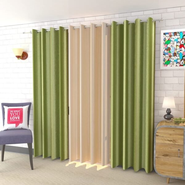 IDOLESHOP 7 ft Door Polyester Room Darkening Curtain (Pack of 3) – Light Green & Beige Plain Curtains