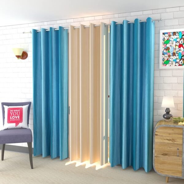 IDOLESHOP 9 ft Long Door Polyester Room Darkening Curtain (Pack of 3) – Light Blue & Beige Plain