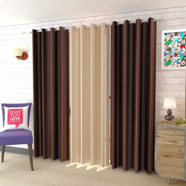 IDOLESHOP 7 ft Door Polyester Room Darkening Curtain (Pack of 3) (Brown, Beige, Plain)