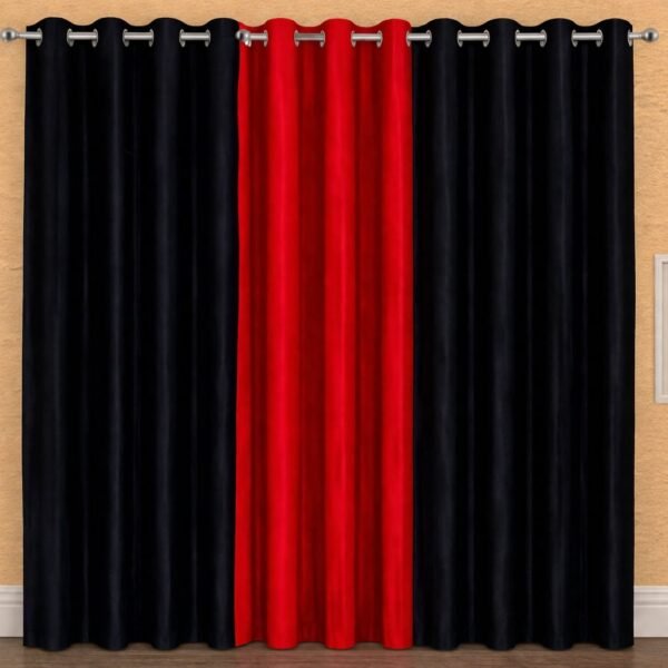 IDOLESHOP 7 Ft Door Polyester Blackout Curtains – Pack of 3 (Red & Black, Solid) | Heavy Light Blocking, Thermal Insulated, Eyelet Curtains for Living Room, Bedroom & Office