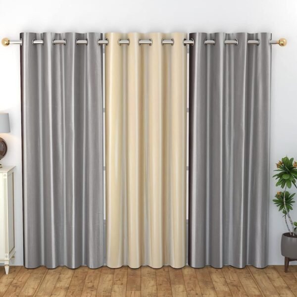 IDOLESHOP Premium 9 Feet Long Door Polyester Room Darkening Curtains | Elegant Solid Silver & Beige Curtains for Living Room & Bedroom | Eyelet Design | Pack of 3