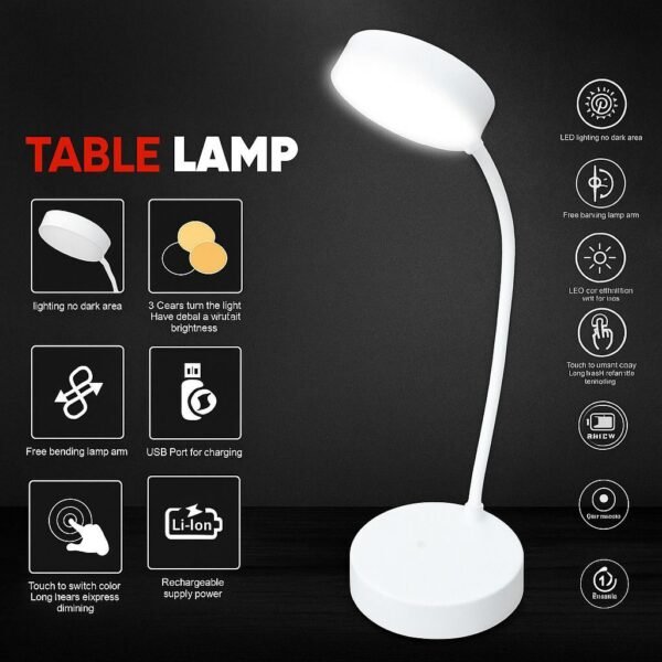 IDOLESHOP Rechargeable LED Study Lamp | 3 Color Modes | Touch Dimmable | Flexible Desk Light (11 cm, White)