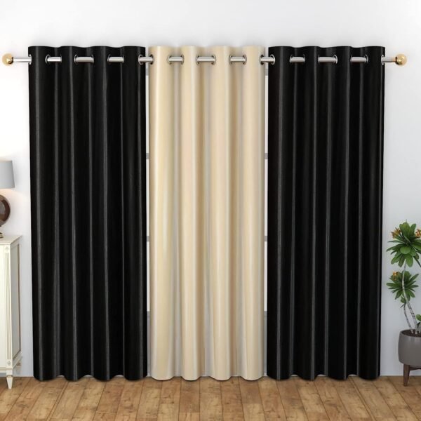 IDOLESHOP 213.5 cm (7 ft) Long Door Polyester Room Darkening Curtain Pack of 3 (Black & Beige, Plain Elegant Finish)
