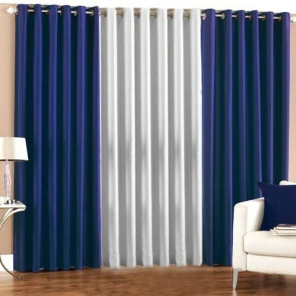 IDOLESHOP 274.5 cm (9 ft) Long Door Polyester Blackout Curtain (Pack of 3) (Navy Blue & White, Solid Premium Finish)