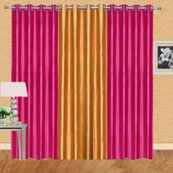 IDOLESHOP 274 cm (9 ft) Long Door Polyester Semi-Transparent Curtain (Pack of 3) (Gold & Pink, Solid Premium Design)