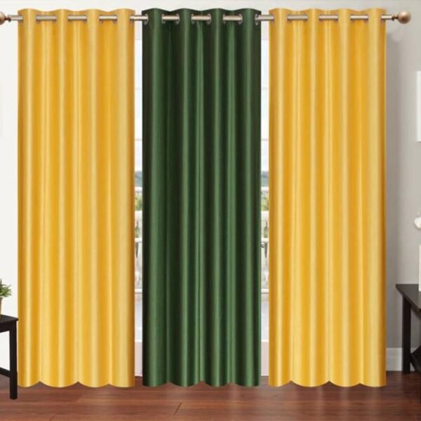 IDOLESHOP 213.5 cm (7 ft) Door Polyester Blackout Curtain Pack of 3 (Green & Yellow, Solid Design)