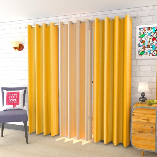 IDOLESHOP 213.5 cm (7 ft) Door Polyester Room Darkening Curtain Pack of 3 (Yellow & Beige, Plain Elegant Design)