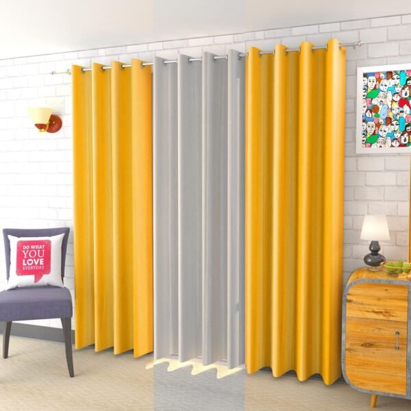IDOLESHOP 274.5 cm (9 ft) Long Door Polyester Room Darkening Curtain Pack of 3 (Yellow & White, Plain Elegant Design)