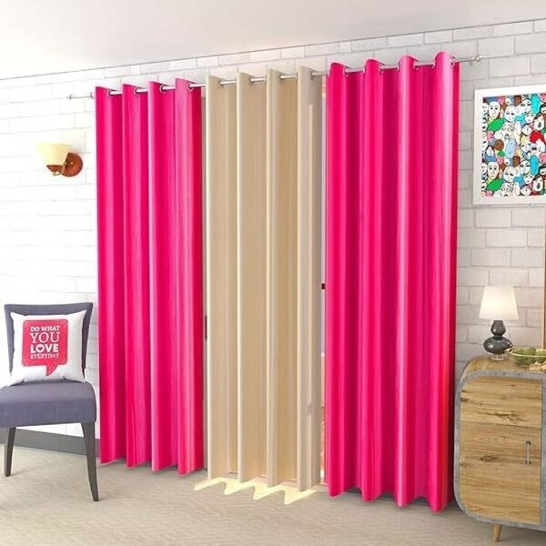 IDOLESHOP 274.5 cm (9 ft) Long Door Polyester Room Darkening Curtain Pack of 3 (Dark Pink & Beige, Plain Premium Elegant Design)