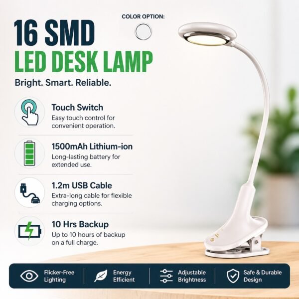 IDOLESHOP 16 SMD LED Desk Lamp with Touch Switch & 360° Flexible Design