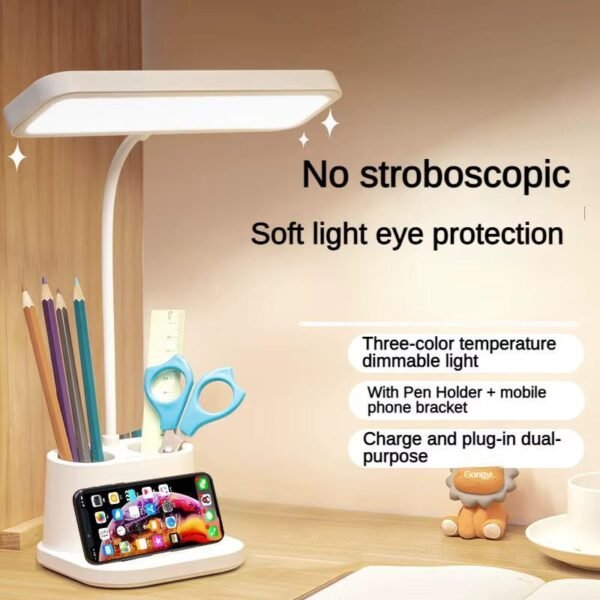Idoleshop ABS 3 Color LED Table Lamp, Rechargeable Touch Control Desk Lamp with Pen & Mobile Holder (36 cm, White)