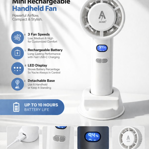IDOLESHOP Mini Rechargeable Fan – Smart Cooling with Digital Control