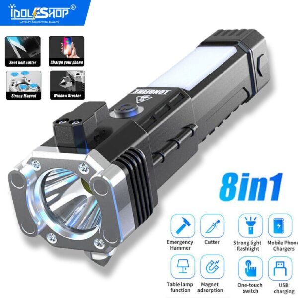 IDOLESHOP 3W LED Torch with COB – Car Rescue Hammer, Window Glass Breaker & Seat Belt Cutter with Blinker